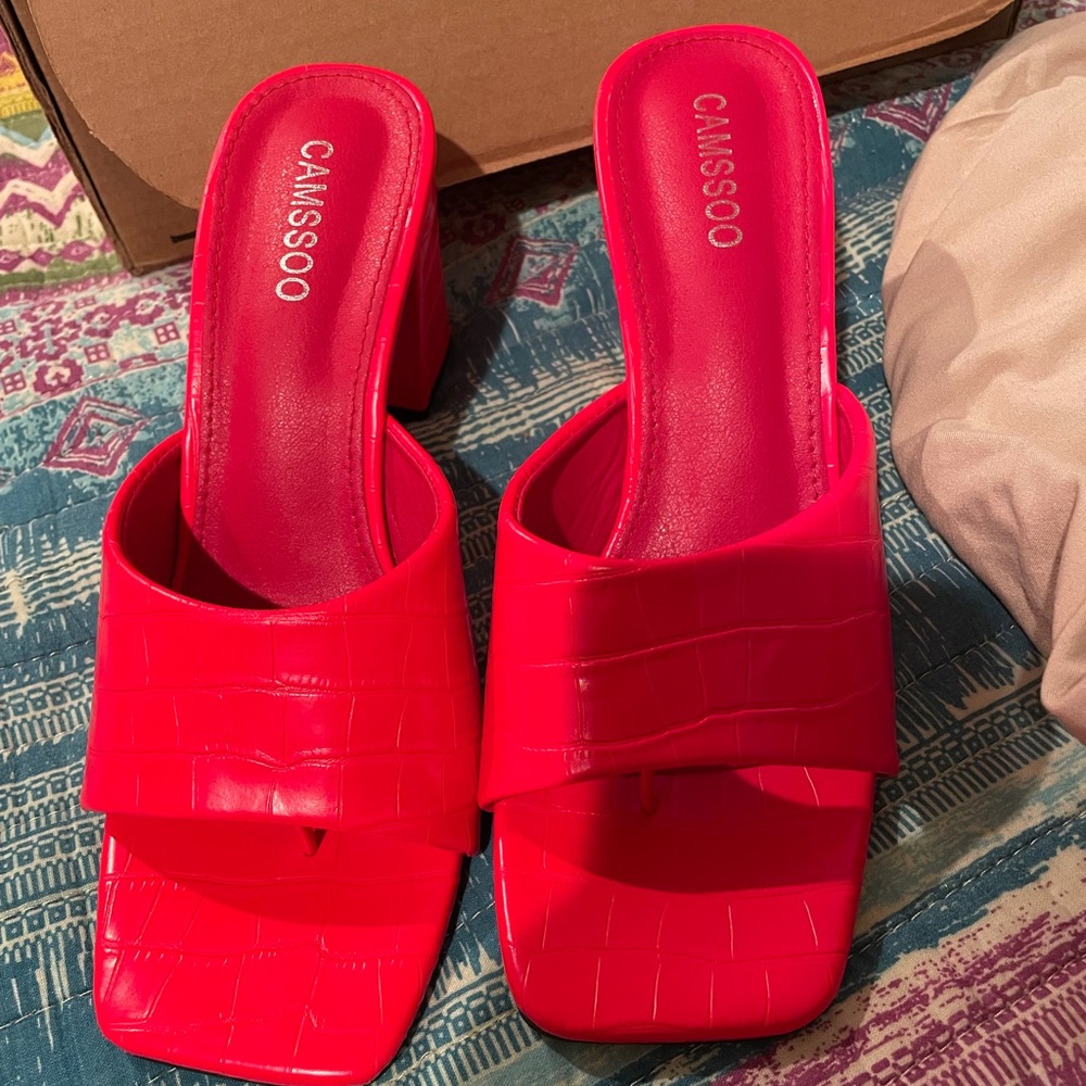 Red bright low heels never worn only tried on